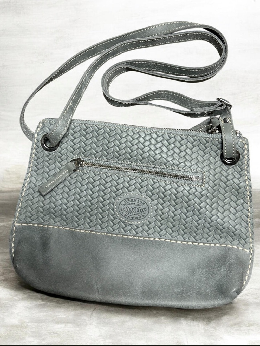 Roots Canada Grey Leather Woven Crossbody Bag